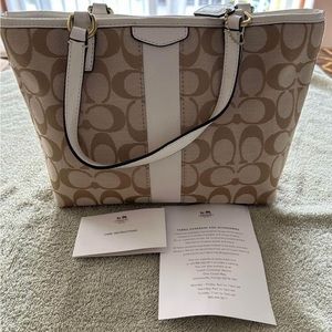 Coach Mini Tote.  Beige Signature fabric with Cream Trim.